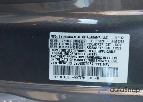2013 Honda Odyssey Ex-L from USA, damaged, VIN 5FNRL5H62DB029267